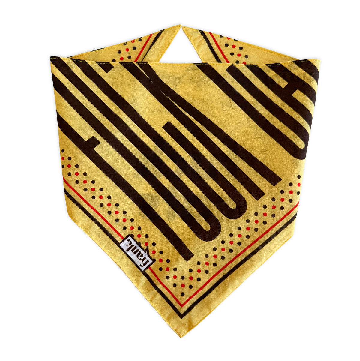 A yellow pet bandana with bold black diagonal stripes, red and black polka dots, and a small 'frank' brand label near the bottom left corner, shown on a plain white background.