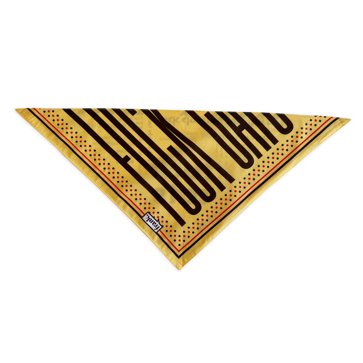 A triangular pet bandana made from a printed fabric, featuring a yellow background with bold black text, red dotted borders, and a small 'frank' brand tag.