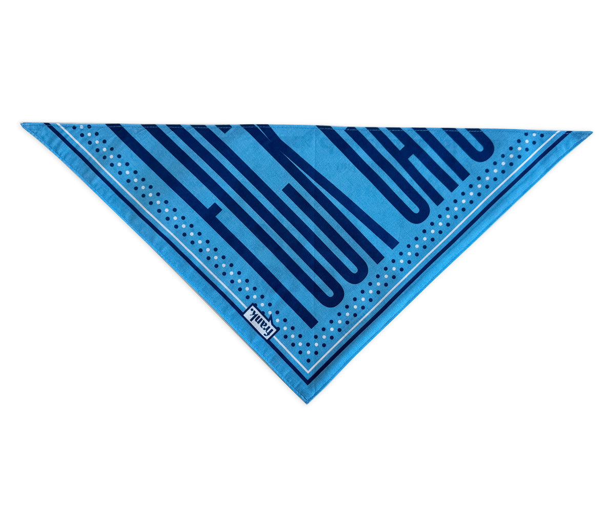 A blue triangular pet bandana featuring bold navy text and a dotted border pattern, with a small 'frank' brand tag near one corner, displayed on a solid white background.