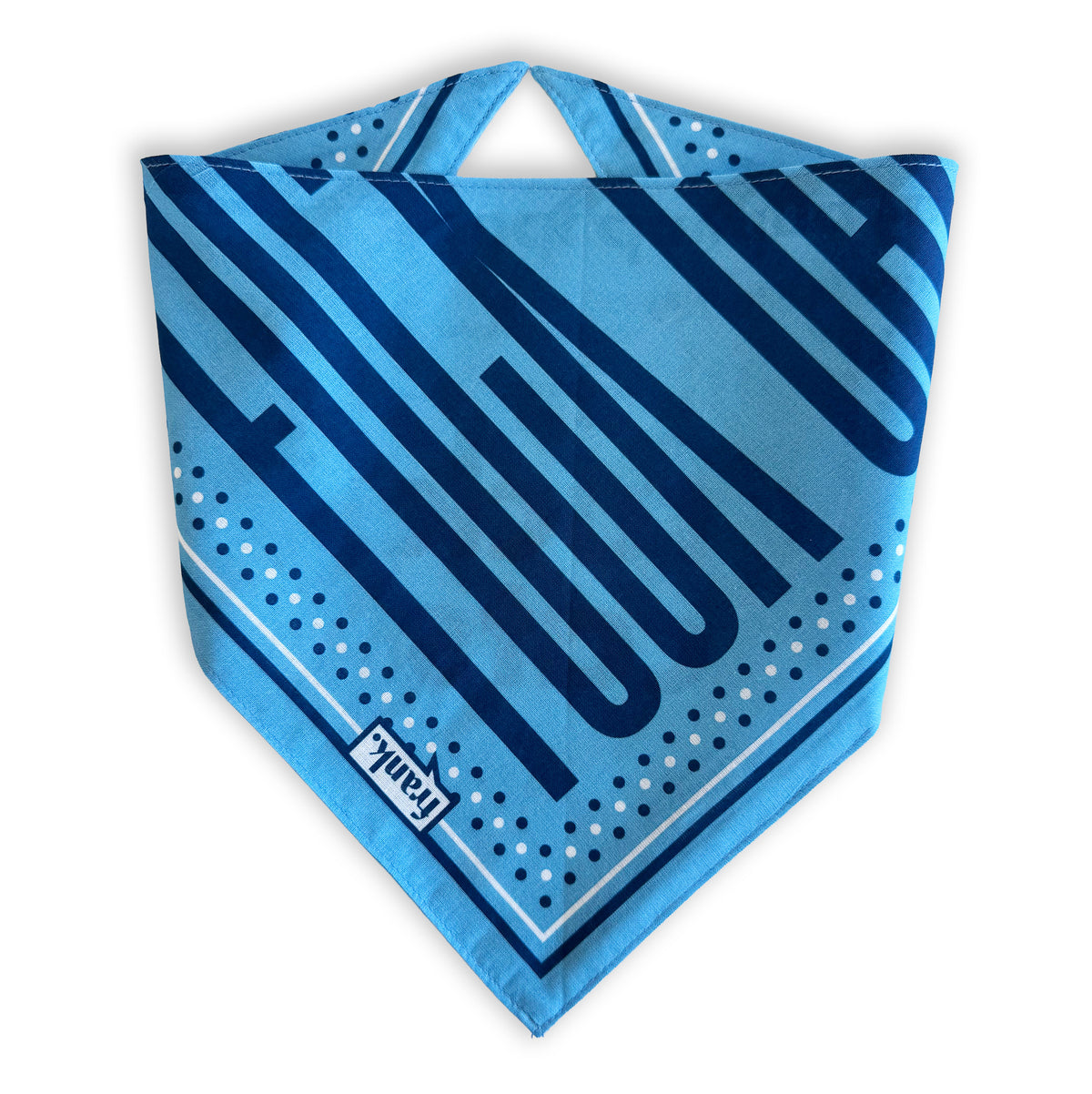 A light blue pet bandana with bold navy blue diagonal stripes, white polka dots, and the word 'Frank' printed on a small white label, shown on a plain white background.