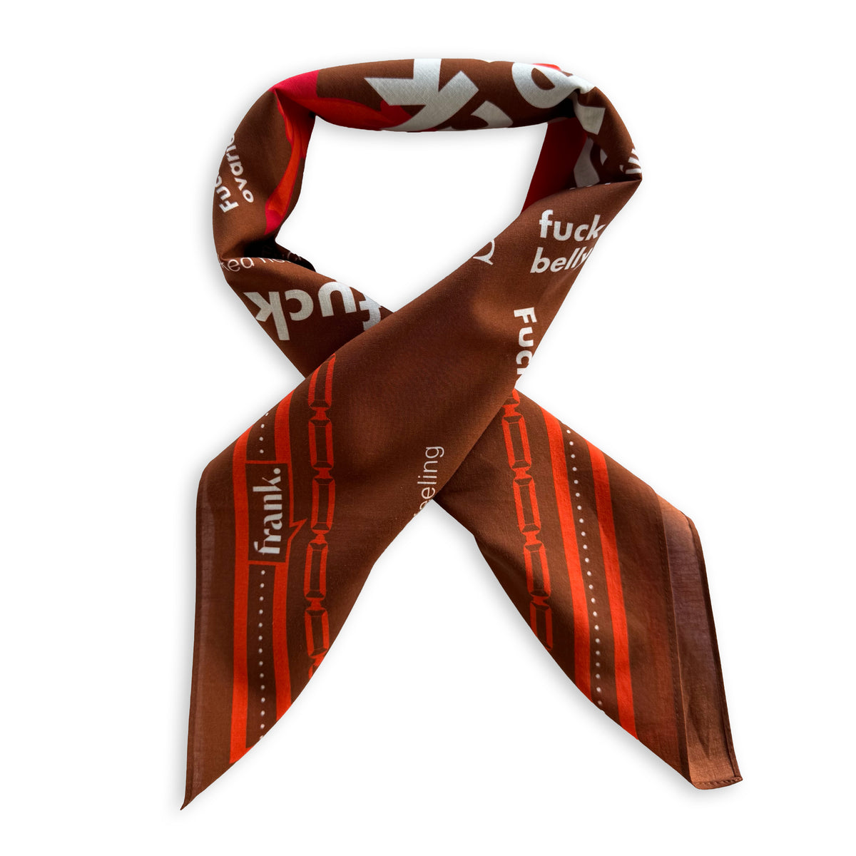A brown cotton scarf with orange stripes, white text, and red accents, styled in a loop on a plain white background.