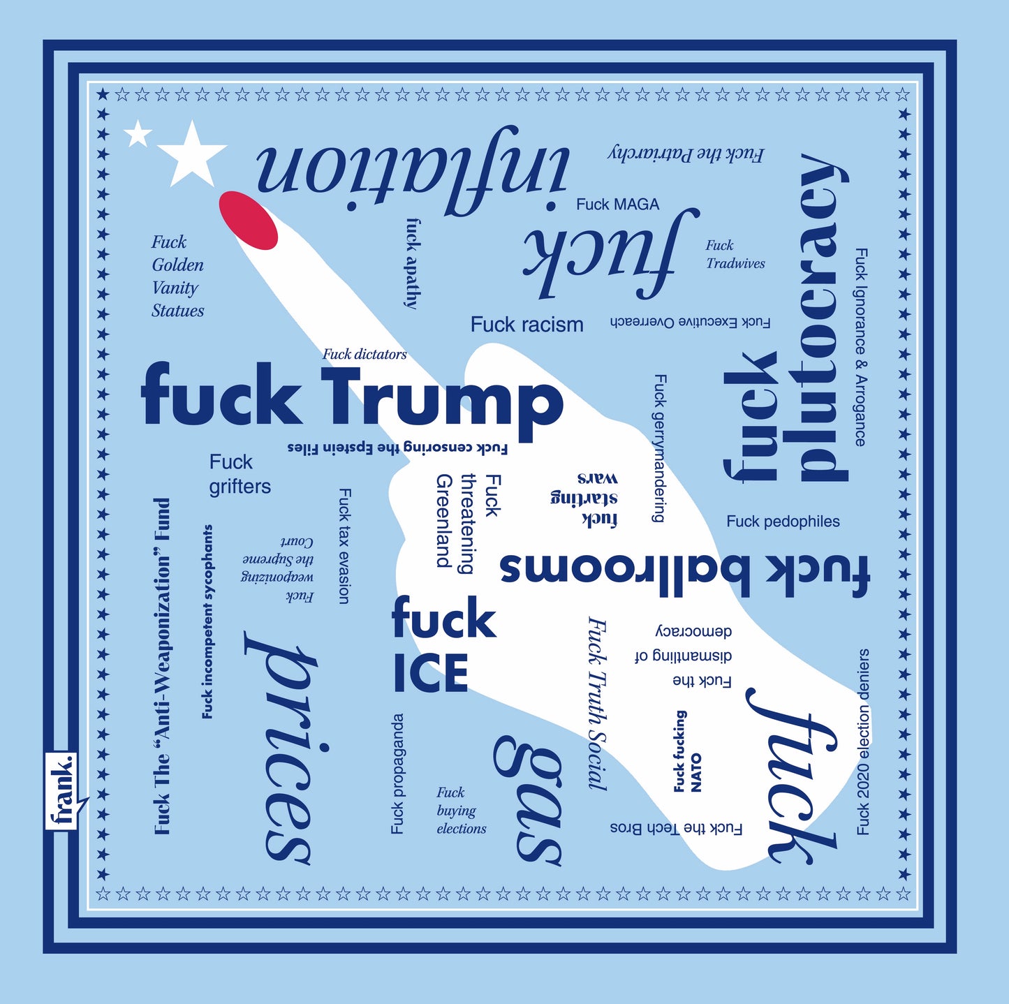 Light blue bandana with words in navy blue typography about politics. There is a huge middle finger with red fingernail in the center. Around the border are navy stripes and stars.