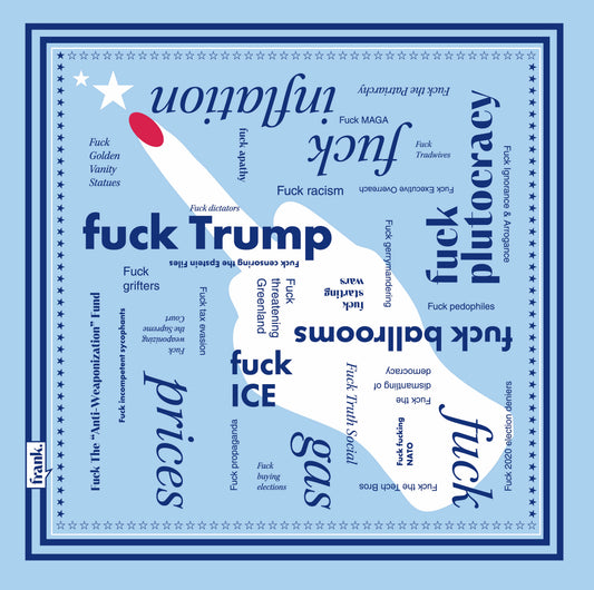 Light blue bandana with words in navy blue typography about politics. There is a huge middle finger with red fingernail in the center. Around the border are navy stripes and stars.