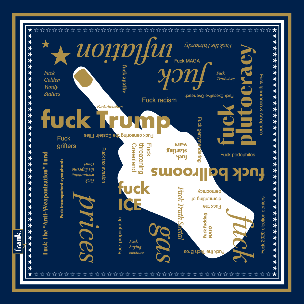 Navy blue bandana with words in gold typography about politics. There is a striped border in gold and white stars. 