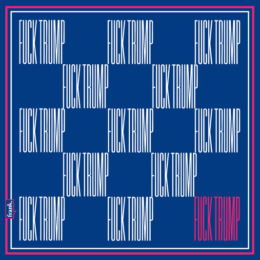 Bright blue scarf featuring a checkerboard pattern of the words: Fck Trump. Words are in white against a blue background with one word in red in bottom right hand corner.
