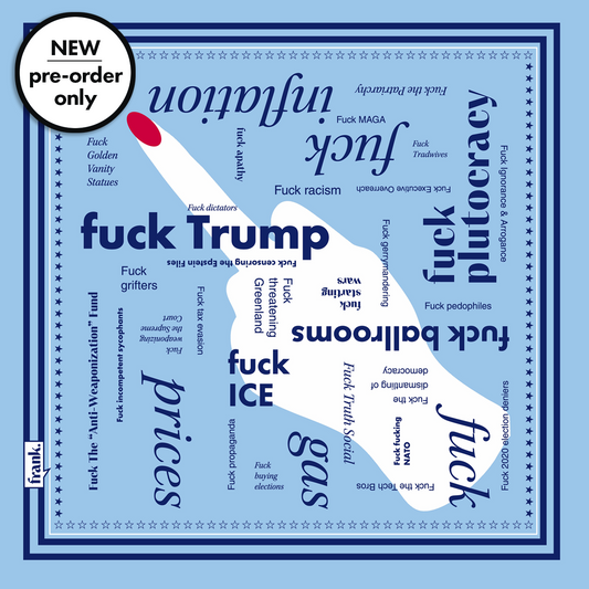 Light blue bandana with a word cloud of words around politics including "F*ck starting wars".