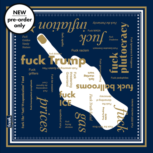 Navy and gold bandana with word cloud of words about politics including Fuck Starting Wars.