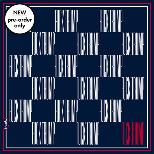Pattern of 'F*ck Trump' text on a blue background with red border.