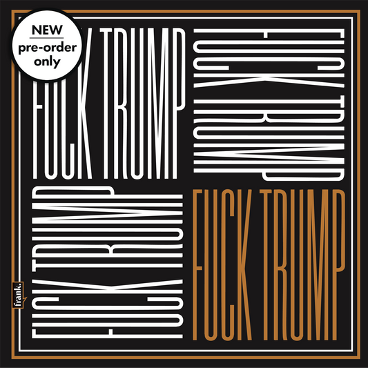 Black, white and gold bandana with a 4 square pattern with words saying "F*ck Trump". 